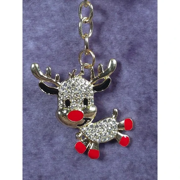 Sparkling Rhinestone Reindeer Keychain Gold Tone Christmas Gift Accessory