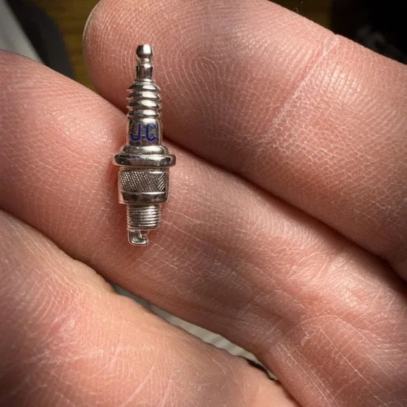 Vintage JC Spark Plug Lapel Pin Tie Tack Silver Tone Automotive Mechanical‎
