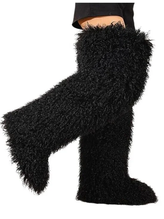 Faux Fur Over the Knee Boots Plush Lining Black 28 In Womens Size 7 Wide Calf