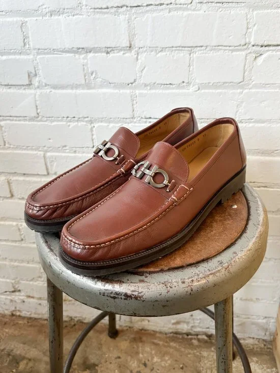 Salvatore Ferragamo David Gancini Bit Brown Leather Men's Loafers - US Size 13