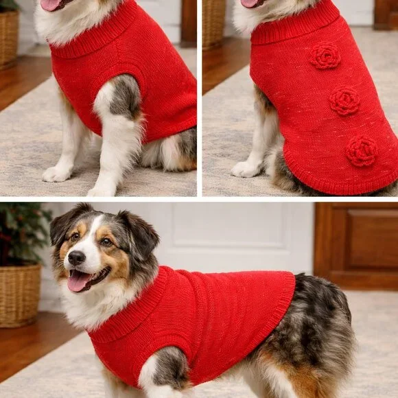 Dog Sweater Size Medium Christmas Festive Holiday Red &‎ Silver with Flowers
