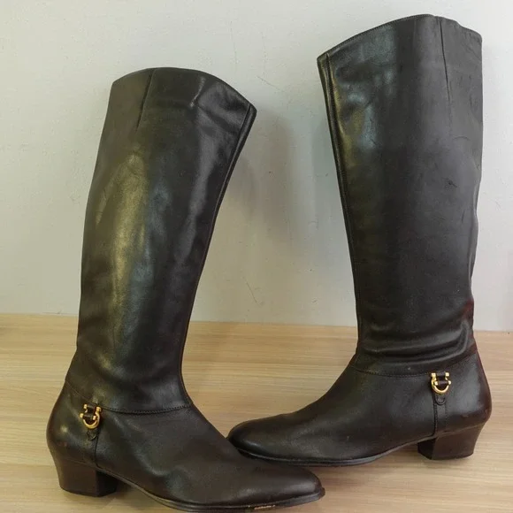 Y2K Knee High Boots‎ Womens 7.5 N Brown Leather Downtown Girl SELBY Old Money