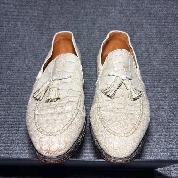 Vintage Ruben Morris Alligator Tassel Loafers Mens 9.5 D White Exotic Skin Shoes