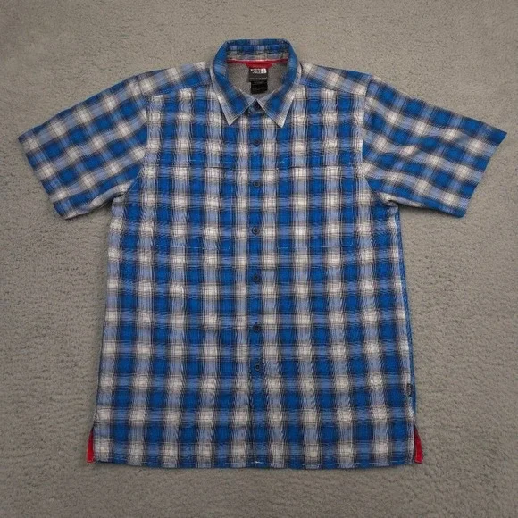 The North Face Performance Shirt Mens Small Blue Gray Plaid Short Sleeve Hiking