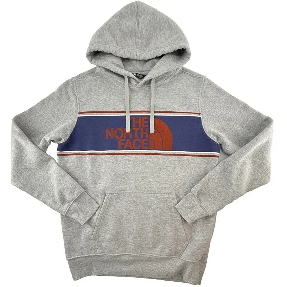 The North Face Mens M Hoodie‎ Gray Logo Stripe Pullover Fleece Kangaroo Pocket