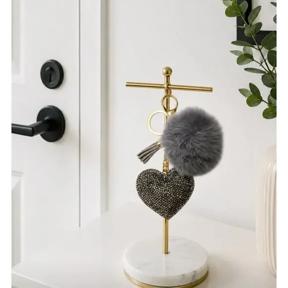 🌴 Pick 3 For $15 Gray Furry Pom Pom Rhinestone Heart Bag Charm New