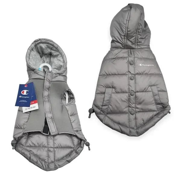 Champion Grey Hooded Puffer Jacket Vest Dog’s Size Small