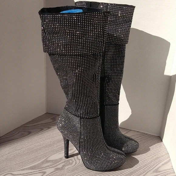 Black Silver Abeadle Embellished Glittered Knee Heel Boots Sparkly Size 6.5