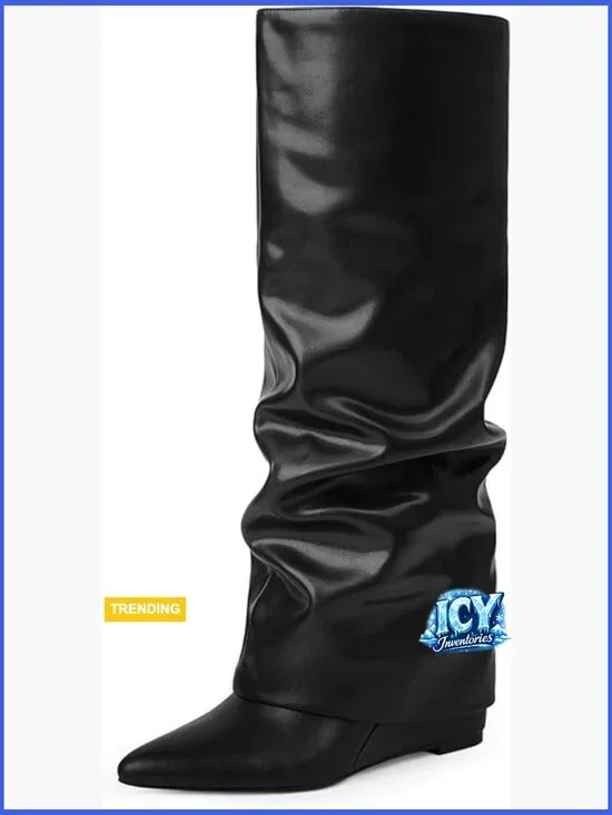 Knee High Fold Over Boots Wedge Heel Slouchy Tall Boots Zipper Pointed Toe