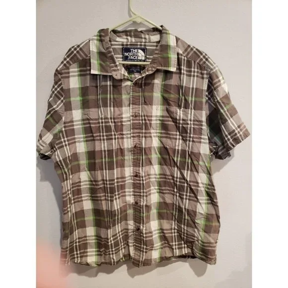 Men's XXL The North Face button down‎ short sleeve shirt: Green & Gray plaid