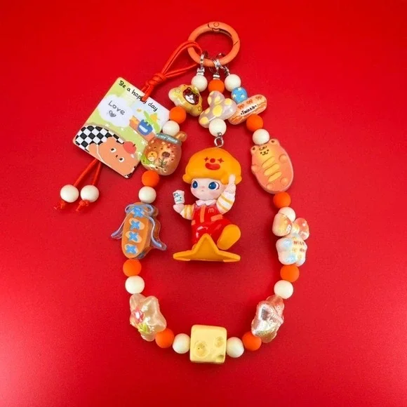 Handmade OOAK 3-Layer Orange Kawaii Burger Mascot Keychain Wristlet Bag Charm
