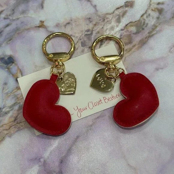 Red Leather Heart Keychain With Gold Hardware & LOVE on a metal heart - NEW