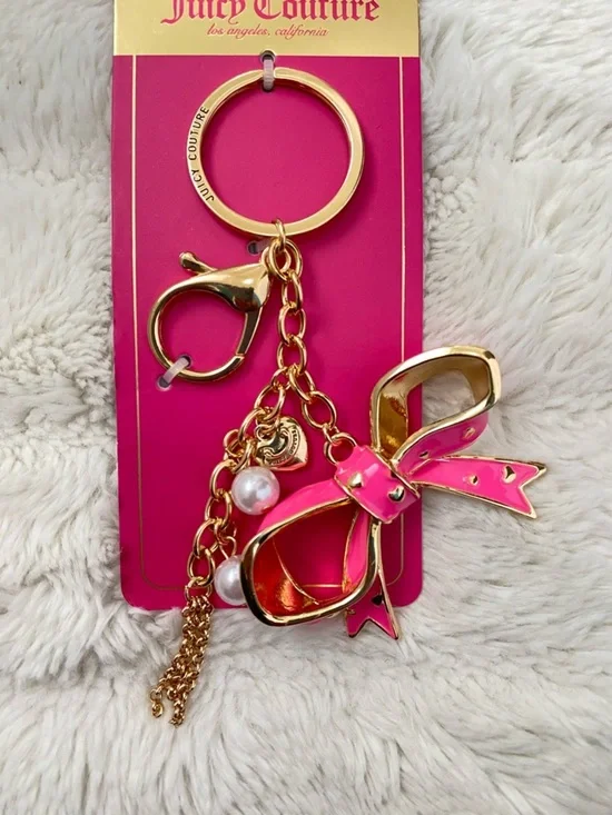Juicy Couture Hot Pink Enamel Bow Keychain with Gold Hardware