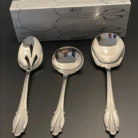 Mikasa Chapelle Stainless Silver Serving Utensils new in original box never used