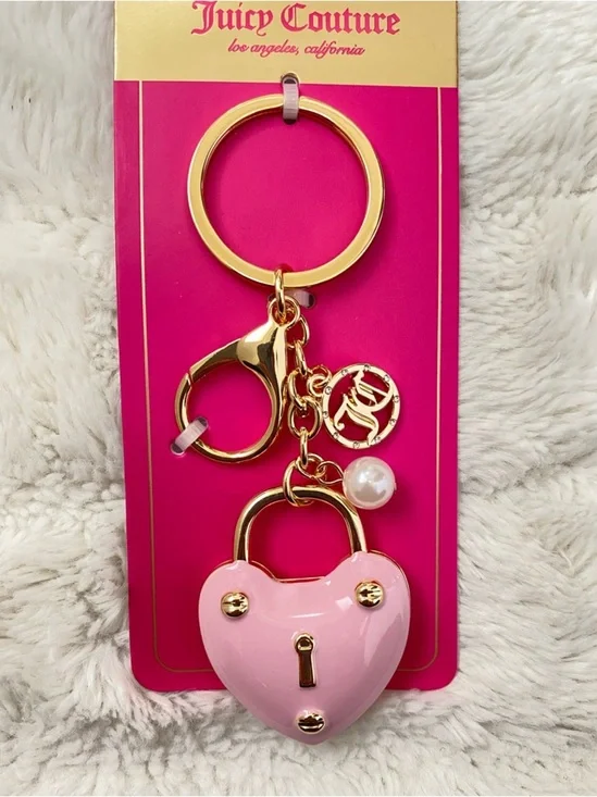 Juicy Couture Pink Heart Padlock Key & Card Holder Keychain with Gold Hardware