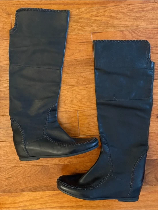 Jack Rogers Black Over-the-Knee Leather Wedge Boots size 7 made in Brazil.