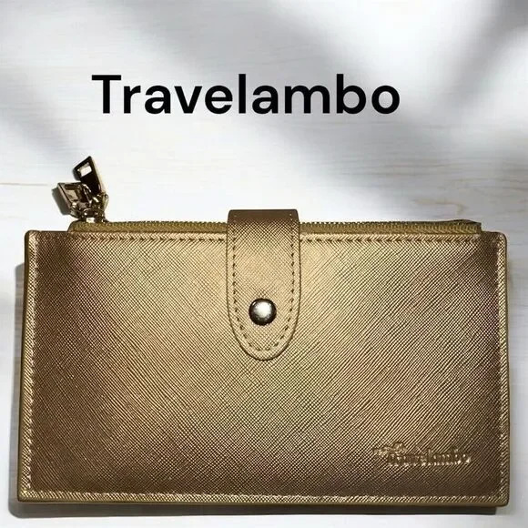 Travelambo Gold RFID Blocking Double Snap and  Zipper Slim Wallet with ID Window