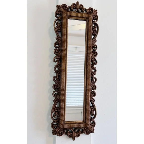 Vintage Brown Faux Wicker Wall Mirror 1978 Dart 21