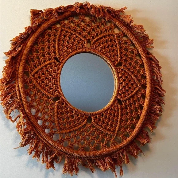 Vintage Boho Macrame Wall Mirror Round Woven Fringe Mirror 21