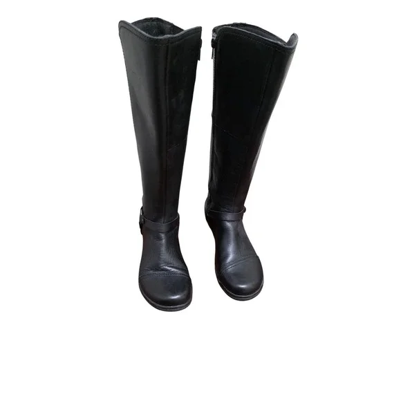 Clarks Black Knee-High Riding Boots Side Buckle Strap Zipper Closure Size 7.5