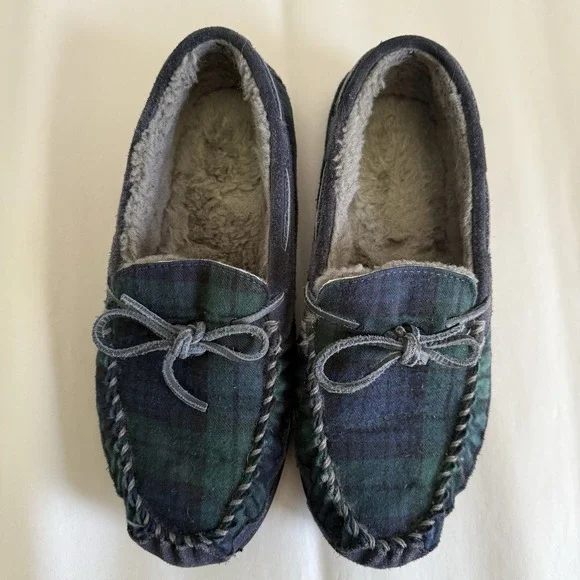 L.L. Bean Wicked Good Plaid Flannel Moccasin‎ Slippers Mens Size 9M Green Blue