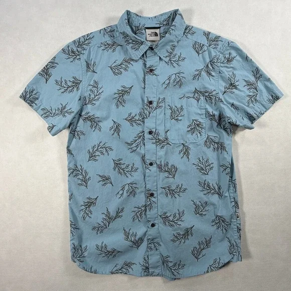 The North Face Mens Medium Blue Seaweed Print Cotton Short Sleeve Button Shirt