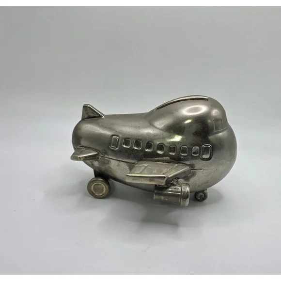 Vintage Silver Metal Airplane Piggy Bank Jumbo Jet Aviation Coin Bank Decor