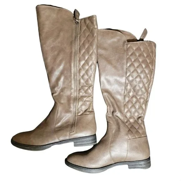 Bongo Womens Bailey Brown Checkered Faux Leather Thigh High Riding Boots Size 8M
