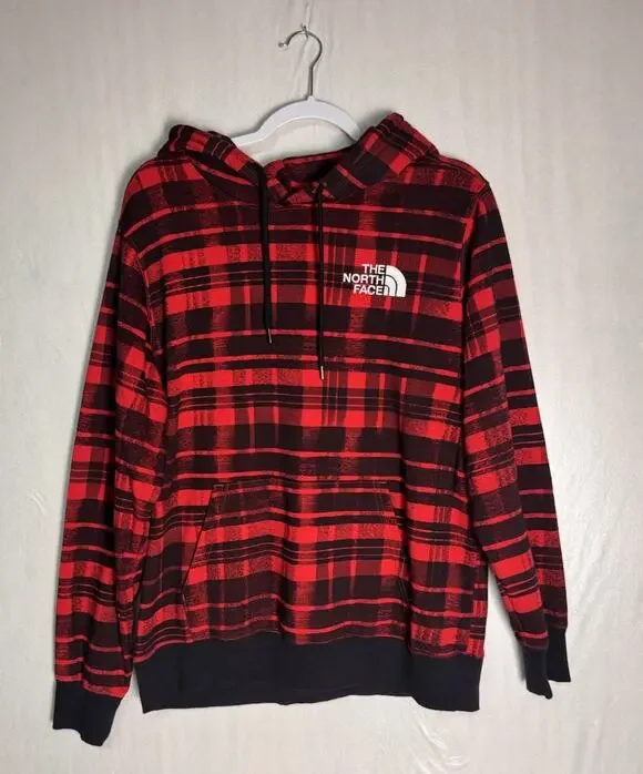 The North Face Unisex Red Black Plaid Buffalo Check Hoodie Pullover Sweatshirt M