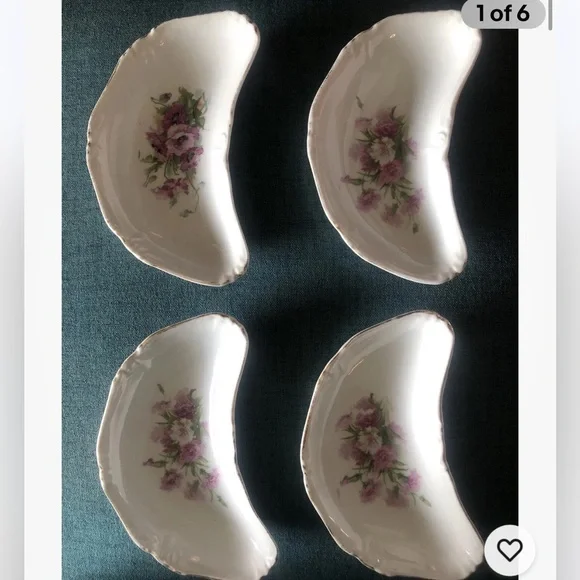 4 Vintage‎ Crescent-Shaped Bone China Dish Tapas Dessert Plate Floral Gold Rim