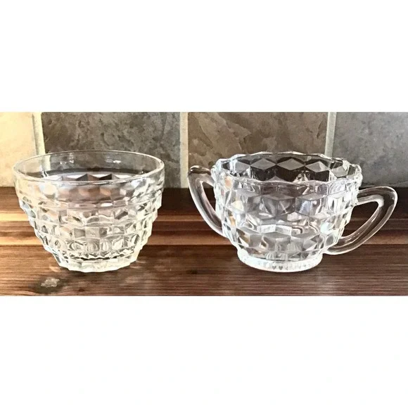 Vintage Fostoria American Clear Glass Creamer & Sugar Bowl Set Trad Mid Century