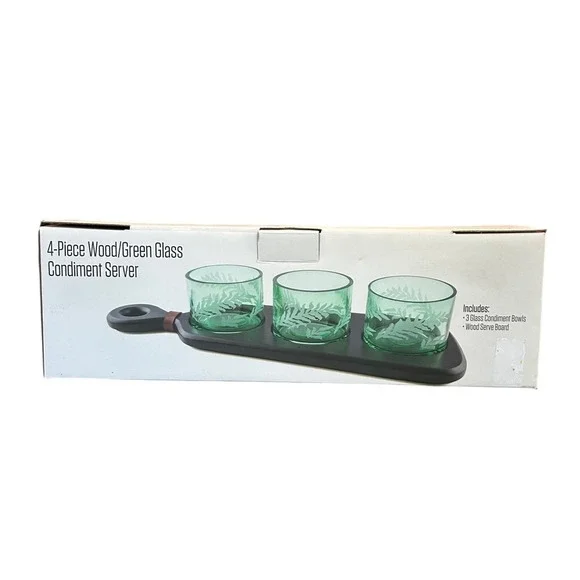 Thirstystone‎ 4-Piece Mango Wood and Green Glass Fern Condiment Server N2780-STM