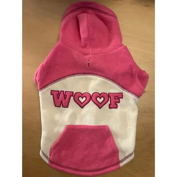 WOOF 🐶 Dog Sweater Hoodie Pink White size Medium 11.5”x10”