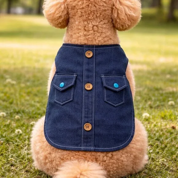 Denim Dog Jacket Decorative Pockets & Buttons Cute Stylish Dog Coat Handmade S