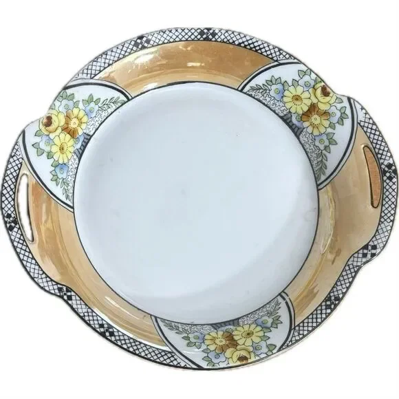 Vintage Art Deco Floral Serving Platter with Handles - Mid Century Modern‎ Decor