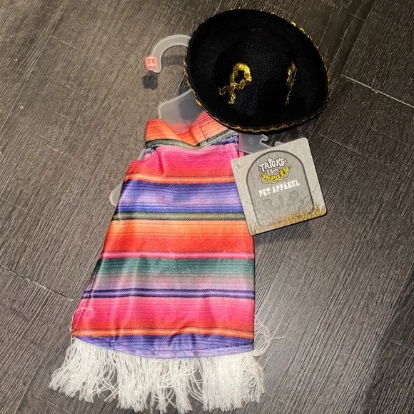 Dog Apparel Colorful Striped Pet Poncho with Fringe and Mini Sombrero