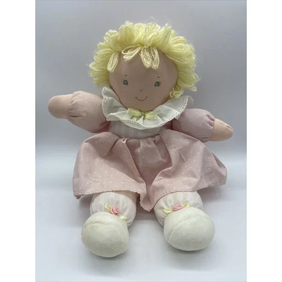 Vintage Eden Plush Rag Doll Yellow Yarn Hair Pink Polka Dot Dress Lace Collar