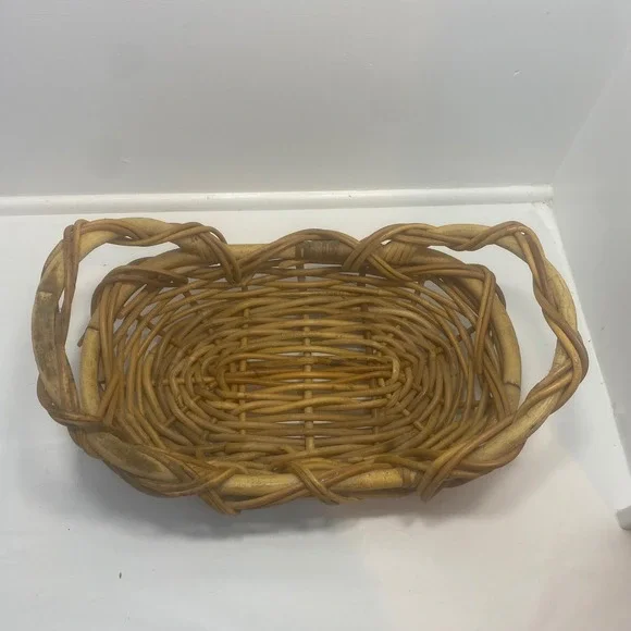 Vtg Large Oval Wicker Rattan Basket Farmhouse Serving Tray Double Handle‎
