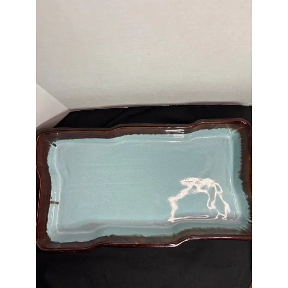 Rectangular Serving Platter Brown Rim Light Blue‎ Center Decorative Display Tray
