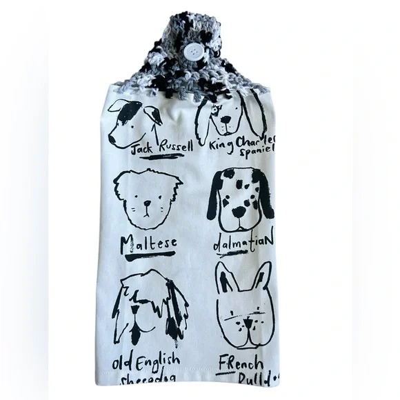 Hand Crafted Black & White Dog Print Hanging Kitchen Hand Towel