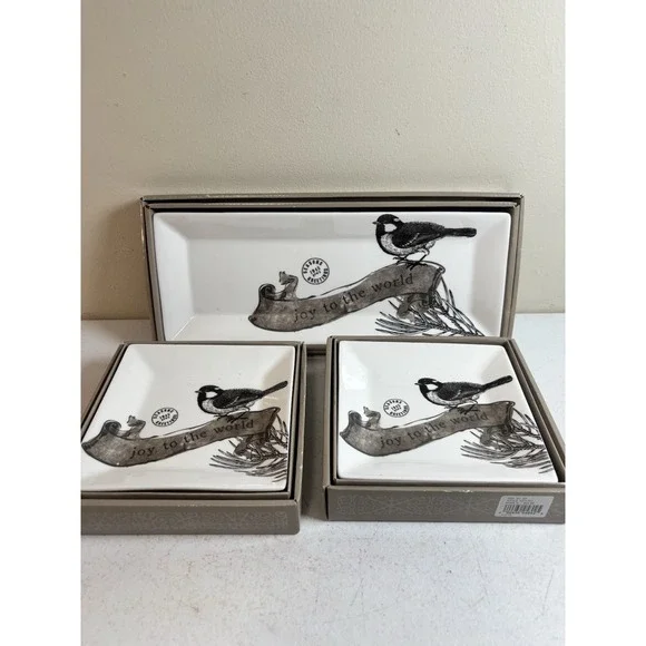 St. Nicholas Square JOY TO THE WORLD Snack Tray And 4 Snack Plates NIB