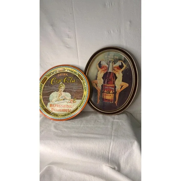 Vintage Coca-Cola 75th Anniversary & Royal Crown RC Cola Tin Serving Trays Set 2