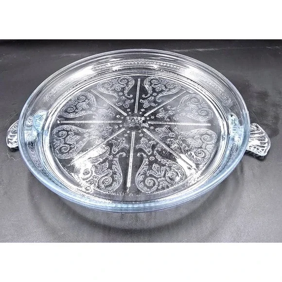 Philbe Sapphire Blue Fire King Glass Serving Dish and Trivet‎ SET Floral Etched