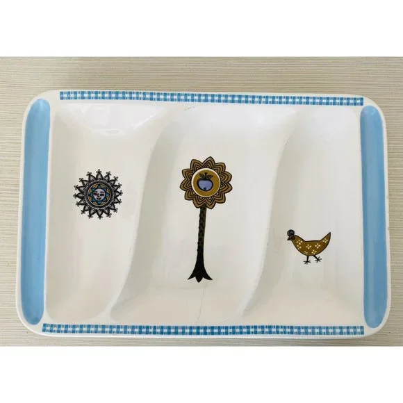 Vintage MCM Divided Tray Platter Blue Ivory Tree Sun Chicken *see flaws In Photo