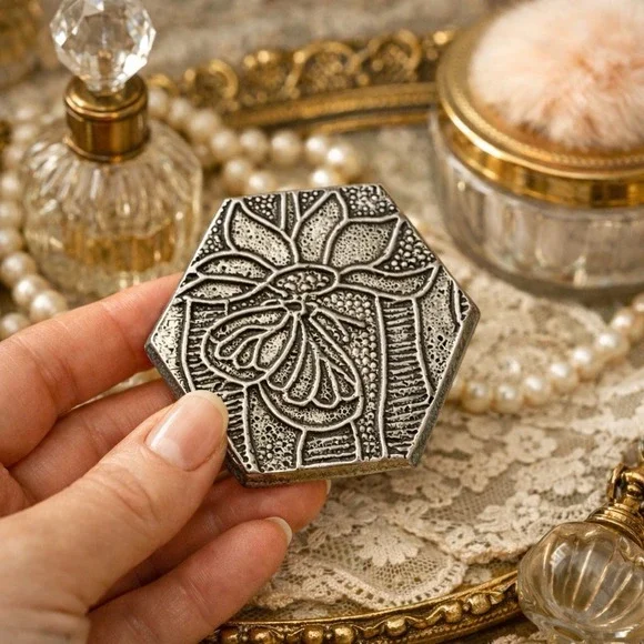 Tin Woodsman Studio Pewter Purse Mirror‎ Hexagon Floral Compact Oregon
