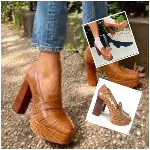 VINCE CAMUTO Mebrana Platform Pump in Brown Embossed Croc, Size 10. EUC Like New
