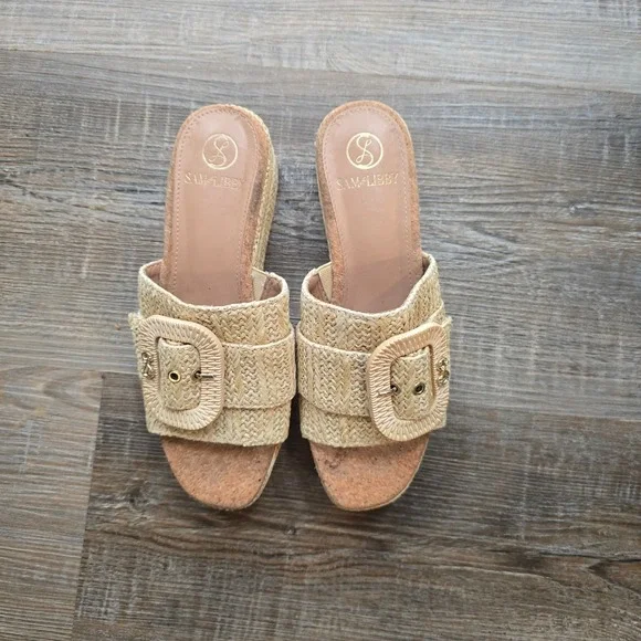Sam & Libby Womens Beige Woven Raffia Platform Slide Sandals Buckle Size 7