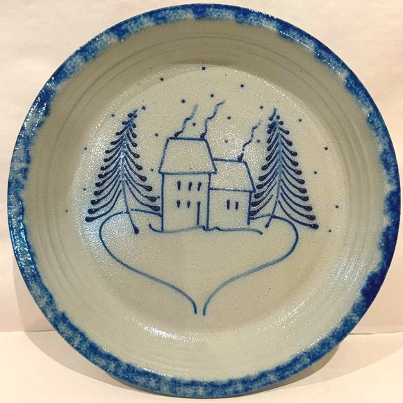 Eldreth Pottery 1994 Salt Glaze Stoneware Plate Winter House Folk Art Signed