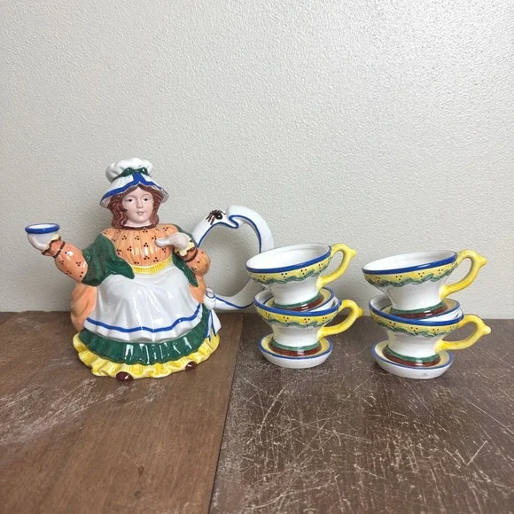 DEPT‎ 56 Storybook Little Miss Muffet Teapot 4 Cups Hand Painted Nursery Rhyme