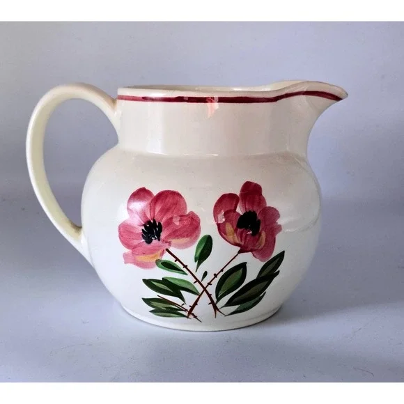 Vintage Ceramic Hand Painted Pink Poppys Pitcher Farmhouse Decor Floral Rustic